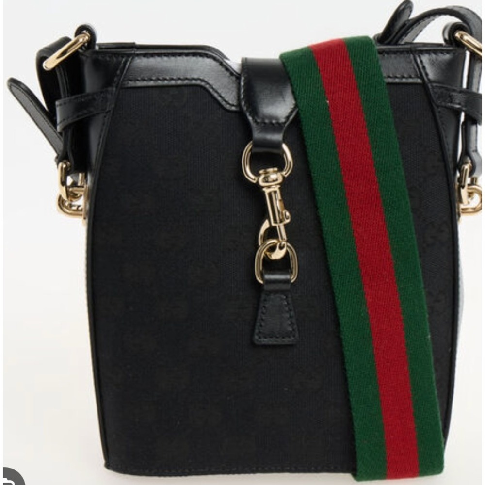 Gucci 782919 GG Supreme Canvas Leather Mini Jackie Bucket Bag Black Web Strap
